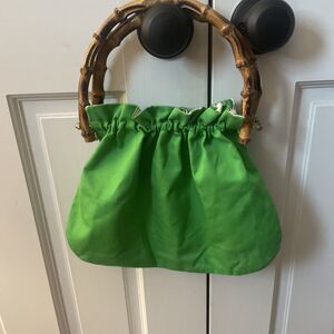 Vintage 70s Green Bamboo Handle Bag Strawberry Floral Lining Cottagecore Retro